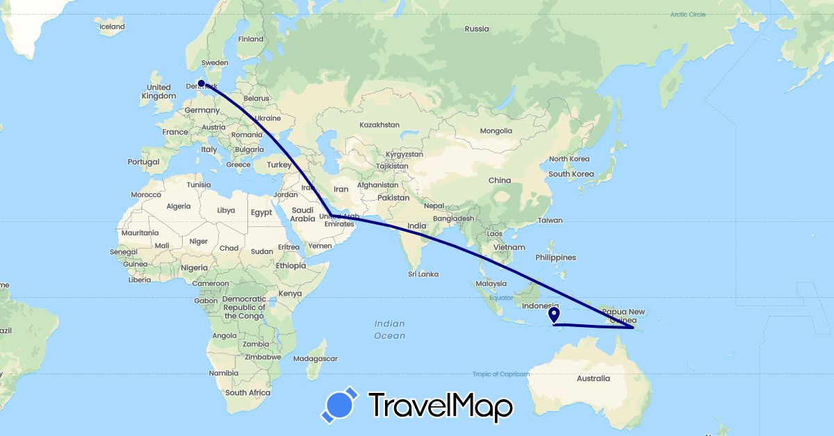 TravelMap itinerary: driving in Denmark, Indonesia, Papua New Guinea, Qatar, East Timor (Asia, Europe, Oceania)
